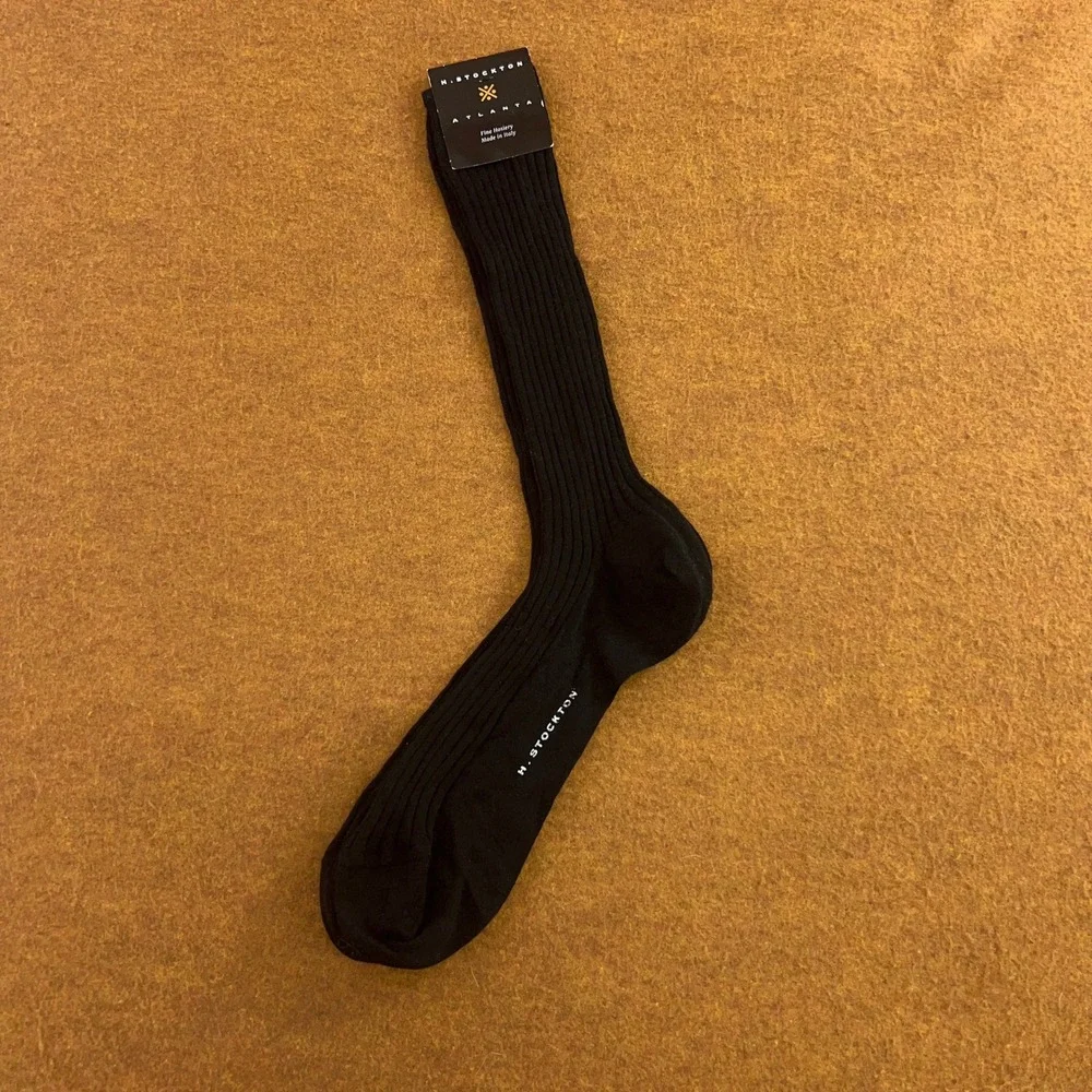 H. Stockton Mens OSFM Black Ribbed Wool Blend Made in Italy Dress Socks NWT